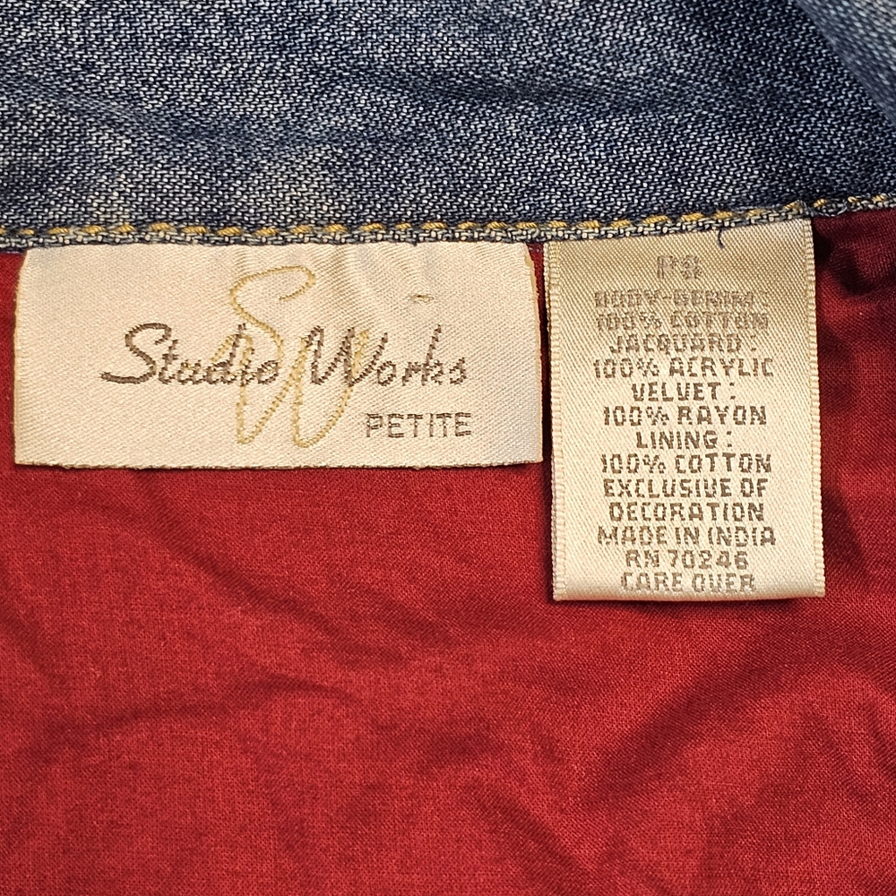 Vintage Studio Works Womens Jean Jacket Tapestry Velvet‎ Patchwork Petite S - Picture 6 of 11